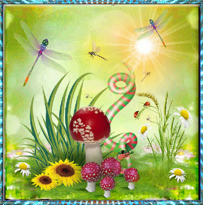 Scène d'été avec libellules et serpent rayé