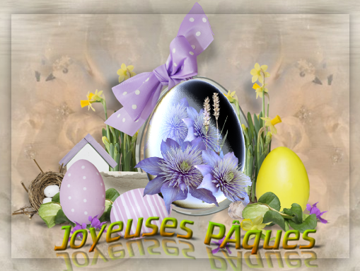 Joyeuses pâques , noeud et fleurs violettes, et oeufs divers