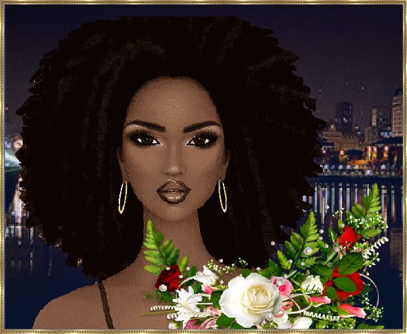 Fille beauté noire au bouquet, ville la nuit.