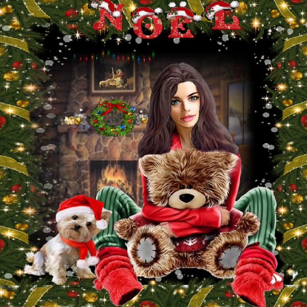 NOËL. Jeune fille brune , son chien et nounours