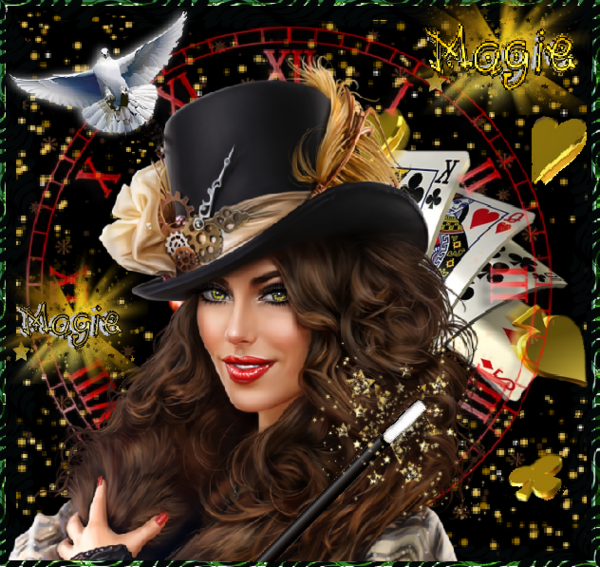 Magie! Magicienne , colombe, cartes etc