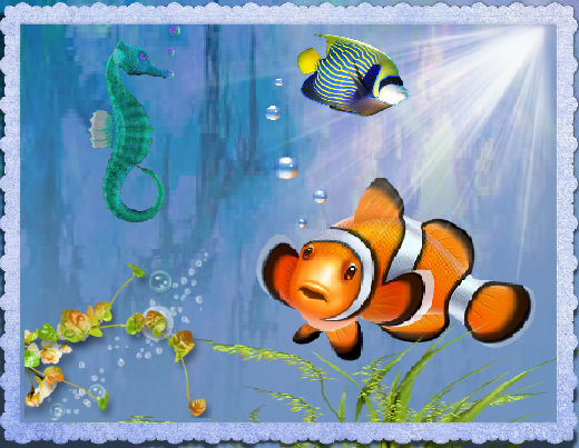 Poisson clown, hippocampe et autres, fond océan.