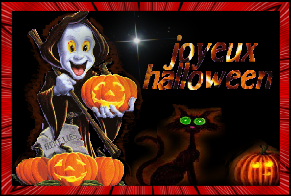 Joyeux Halloween/ Fantôme rigolard citrouilles et chat 