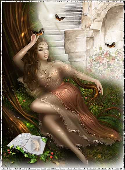 Femme endormie au pied d'un arbre et d'un escalier