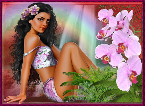 Fille des îles, arc en ciel et orchidées