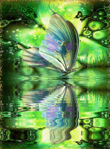 Papillon turquoise fond tons de vert reflet