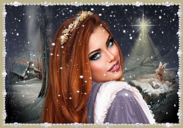 Femme dans paysage enneigé avec un lapin