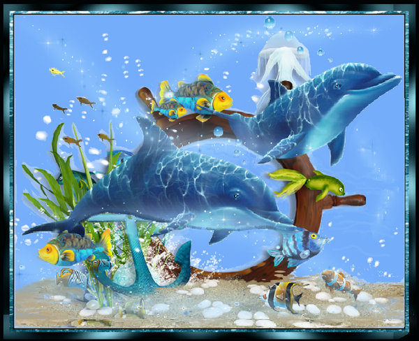 Scène sous marine avec dauphins et autres