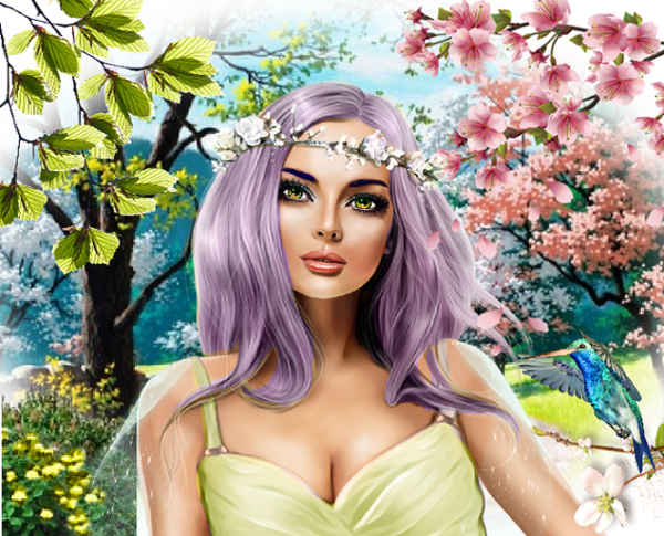 Fille aux cheveux mauve au printemps