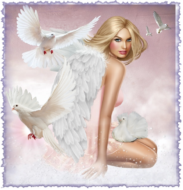 Ange blonde et colombes fond rosé