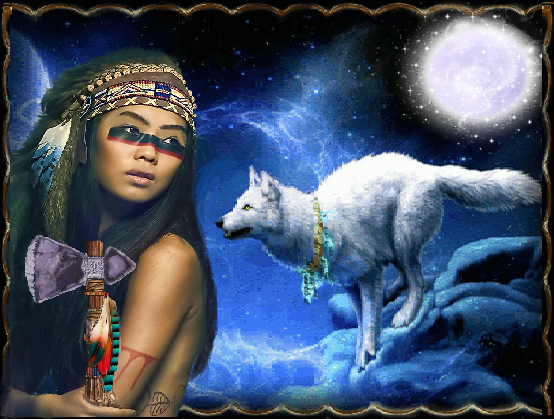 jeune indien et loup blanc la nuit