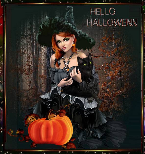 Hello Halloween jeune femme, chat et citrouille