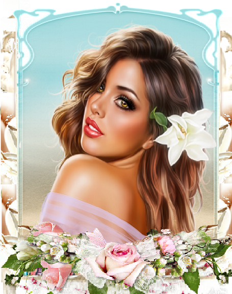 Cadre jeune femme aux yeux dorés et fleurs