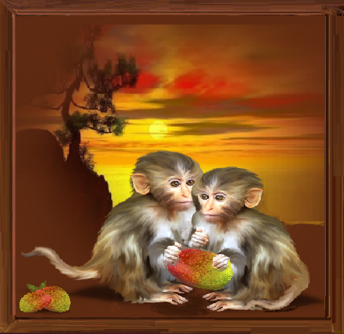Deux petits singes /coucher de soleil